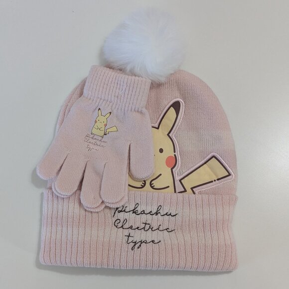 New Pikachu Pokémon Pink Pom Beanie hat with mini stretch gloves - Picture 1 of 11